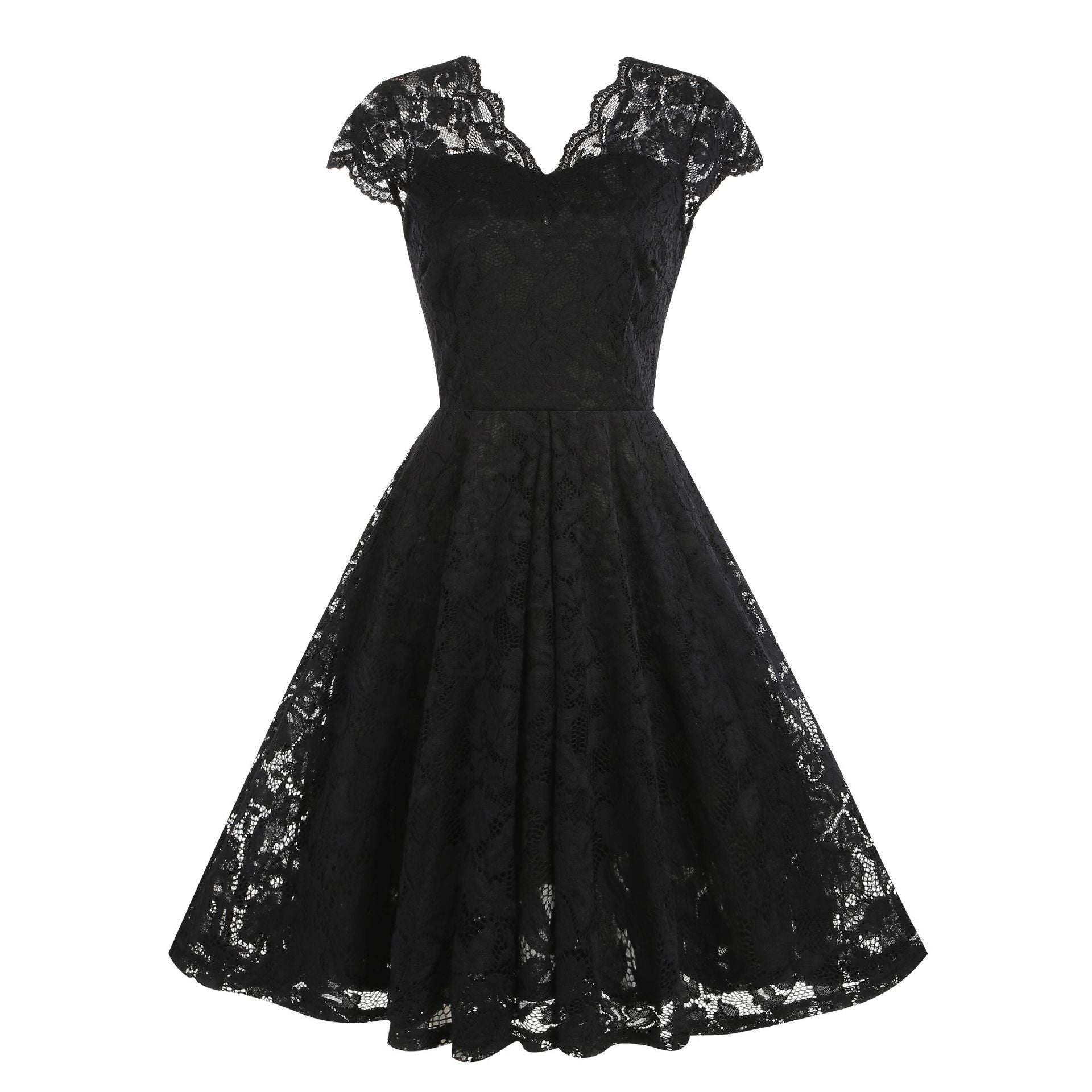 50s 60s Womens Vintage Party Dress V Neck Lace Pin Up Rockabilly Dress Black