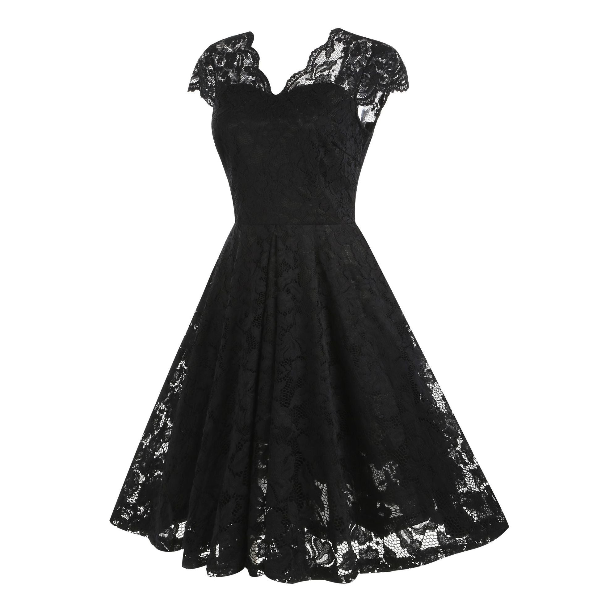 50s 60s Womens Vintage Party Dress V Neck Lace Pin Up Rockabilly Dress Black