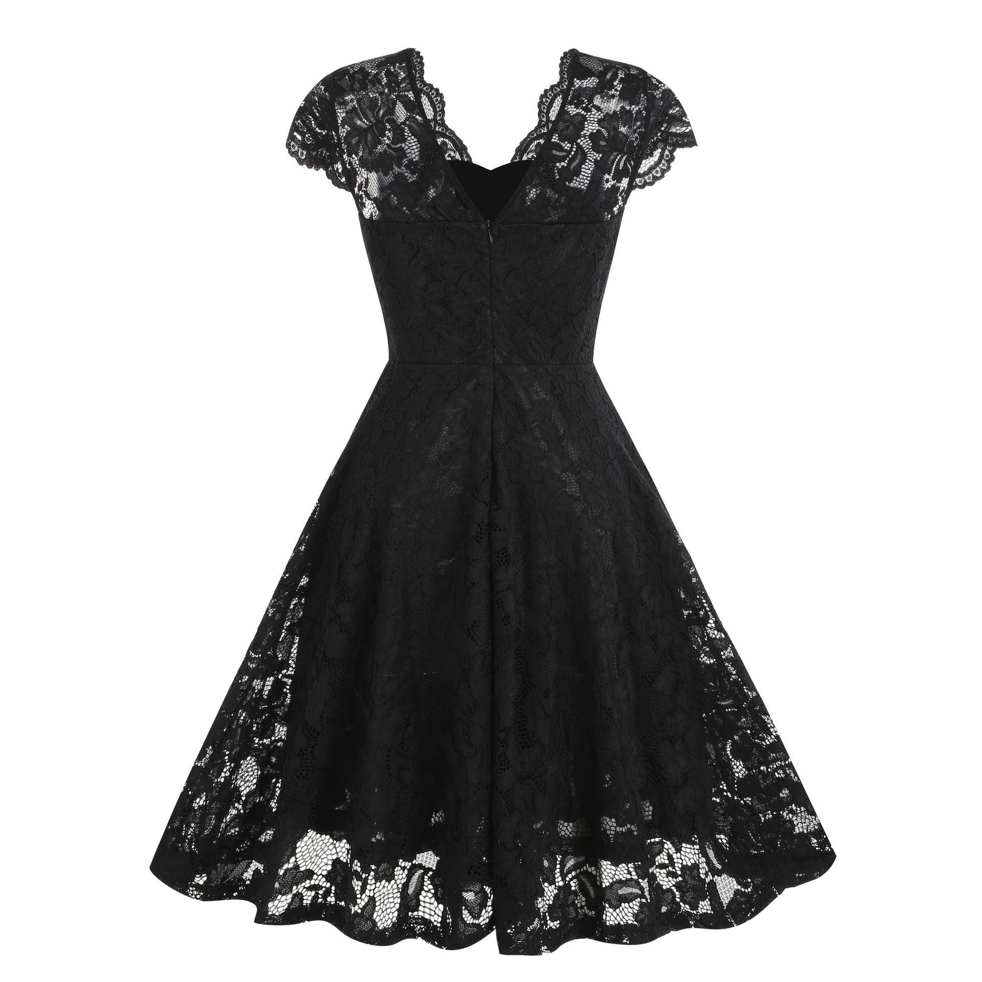 50s 60s Womens Vintage Party Dress V Neck Lace Pin Up Rockabilly Dress Black