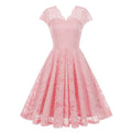 50s 60s Womens Vintage Party Dress V Neck Lace Pin Up Rockabilly Dress Pink