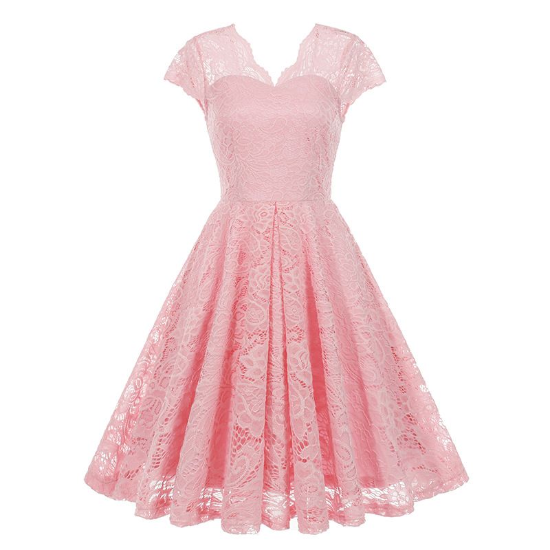 50s 60s Womens Vintage Party Dress V Neck Lace Pin Up Rockabilly Dress Pink