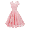 50s 60s Womens Vintage Party Dress V Neck Lace Pin Up Rockabilly Dress Pink