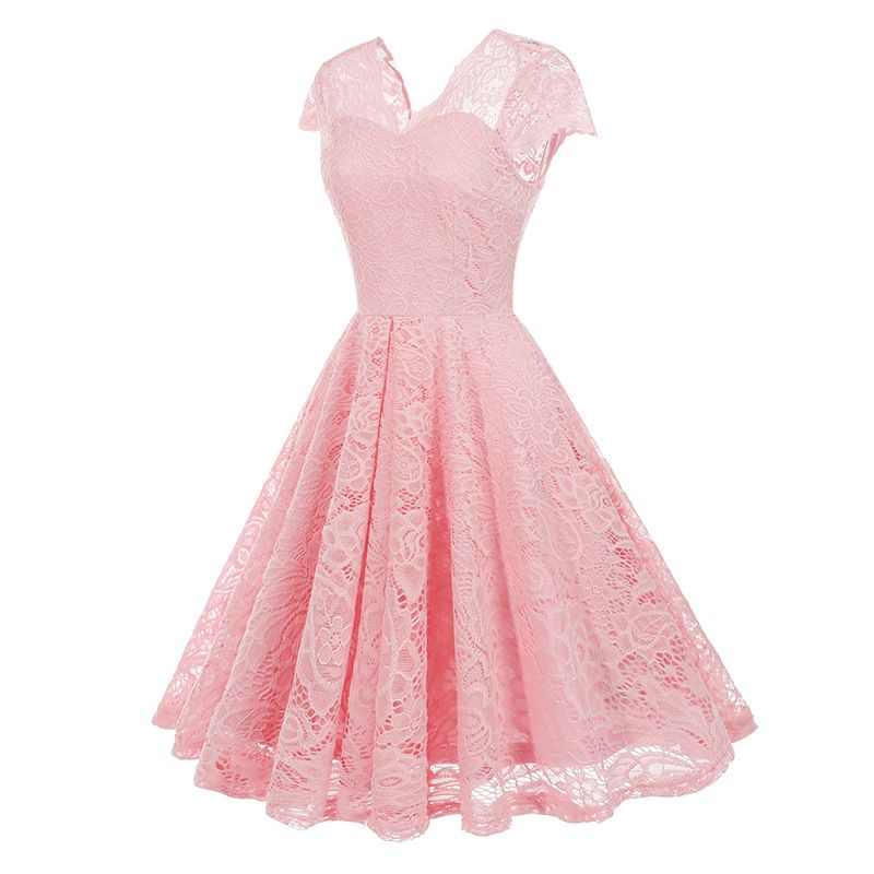 50s 60s Womens Vintage Party Dress V Neck Lace Pin Up Rockabilly Dress Pink