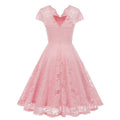 50s 60s Womens Vintage Party Dress V Neck Lace Pin Up Rockabilly Dress Pink