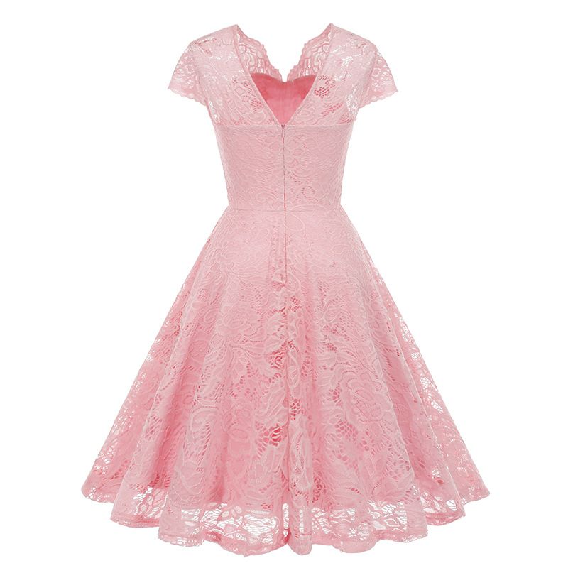 50s 60s Womens Vintage Party Dress V Neck Lace Pin Up Rockabilly Dress Pink