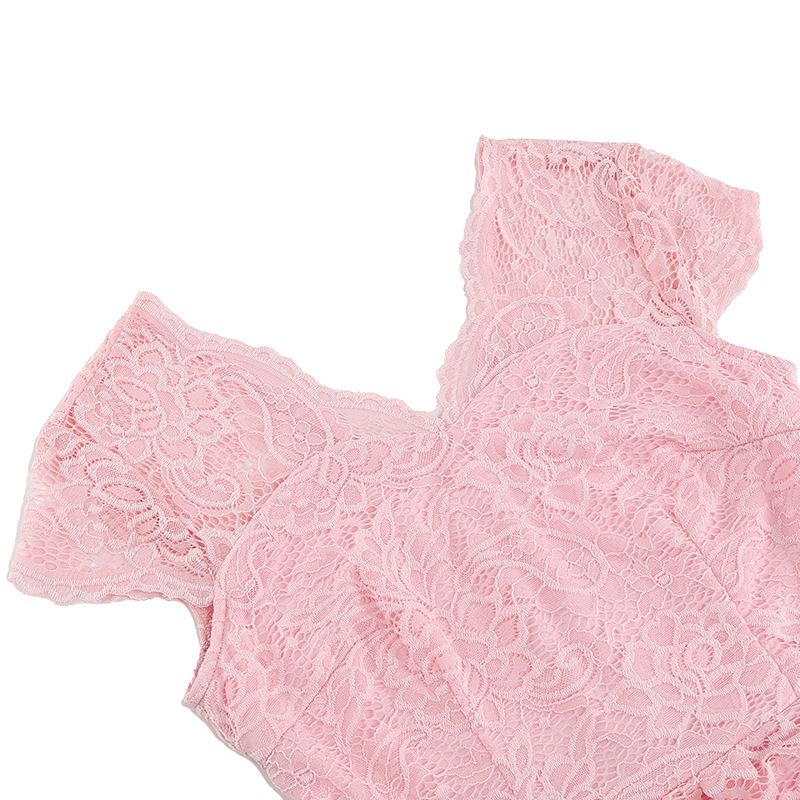 50s 60s Womens Vintage Party Dress V Neck Lace Pin Up Rockabilly Dress Pink