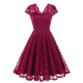 50s 60s Womens Vintage Party Dress V Neck Lace Pin Up Rockabilly Dress Red