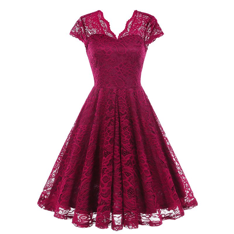 50s 60s Womens Vintage Party Dress V Neck Lace Pin Up Rockabilly Dress Red