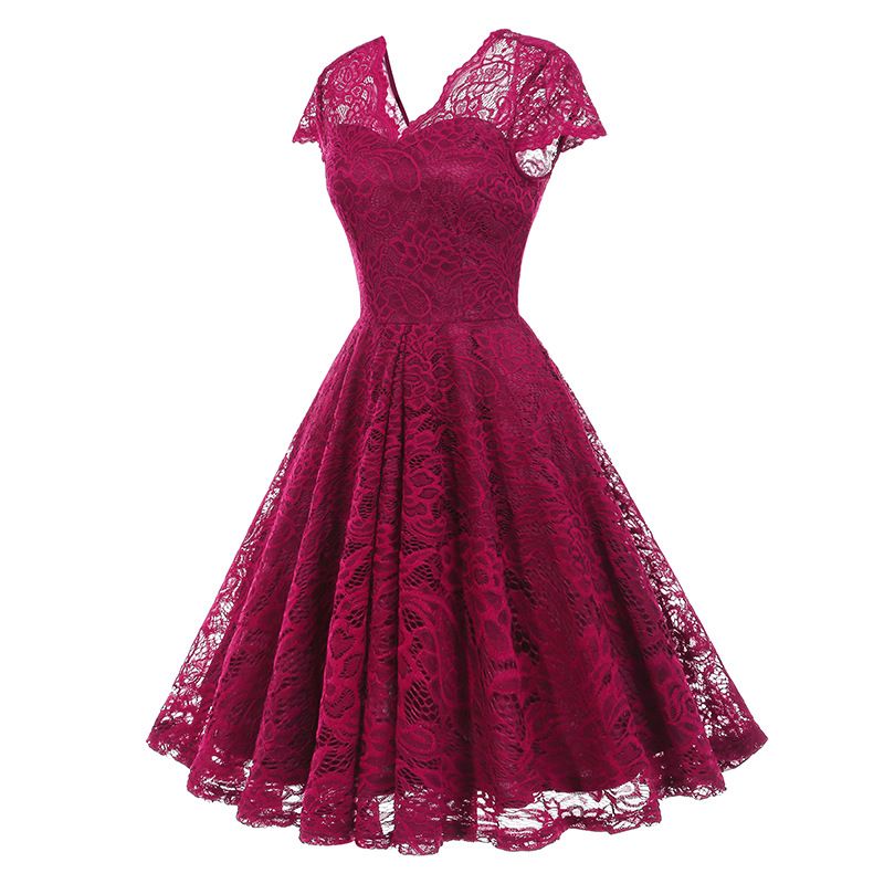 50s 60s Womens Vintage Party Dress V Neck Lace Pin Up Rockabilly Dress Red