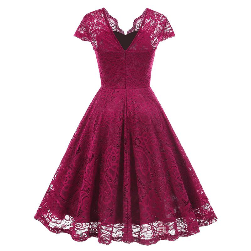 50s 60s Womens Vintage Party Dress V Neck Lace Pin Up Rockabilly Dress Red