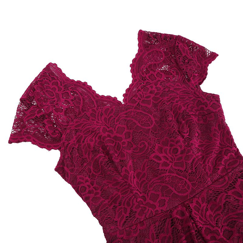 50s 60s Womens Vintage Party Dress V Neck Lace Pin Up Rockabilly Dress Red