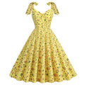 50s Girls Flower Girl Dress Shoulder Tie Sleeveless Floral Dress Yellow