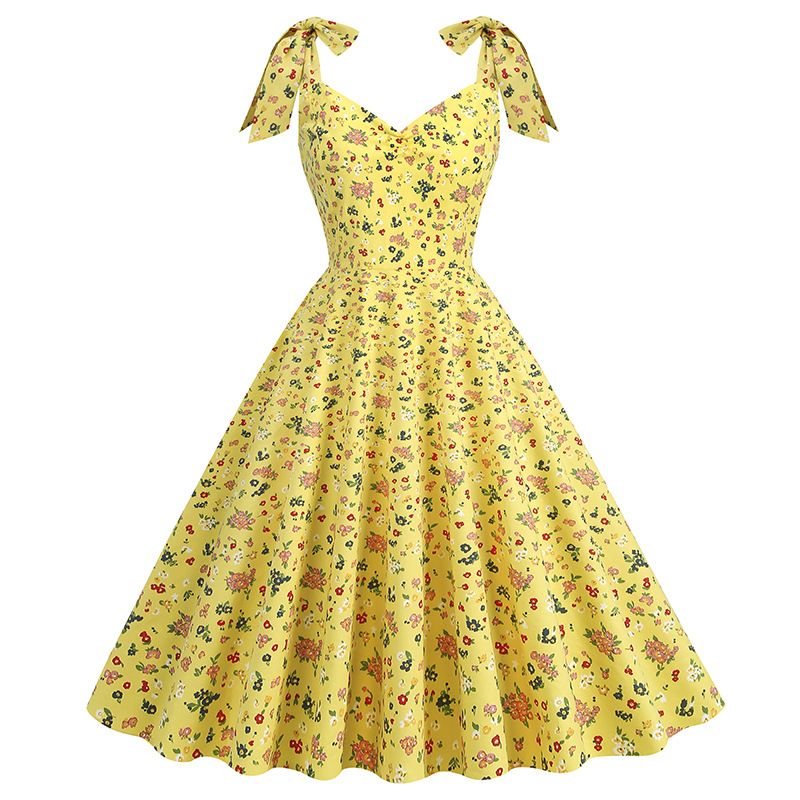 50s Girls Flower Girl Dress Shoulder Tie Sleeveless Floral Dress Yellow