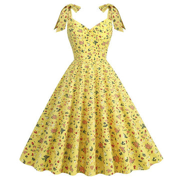 50s Girls Flower Girl Dress Shoulder Tie Sleeveless Floral Dress Yellow