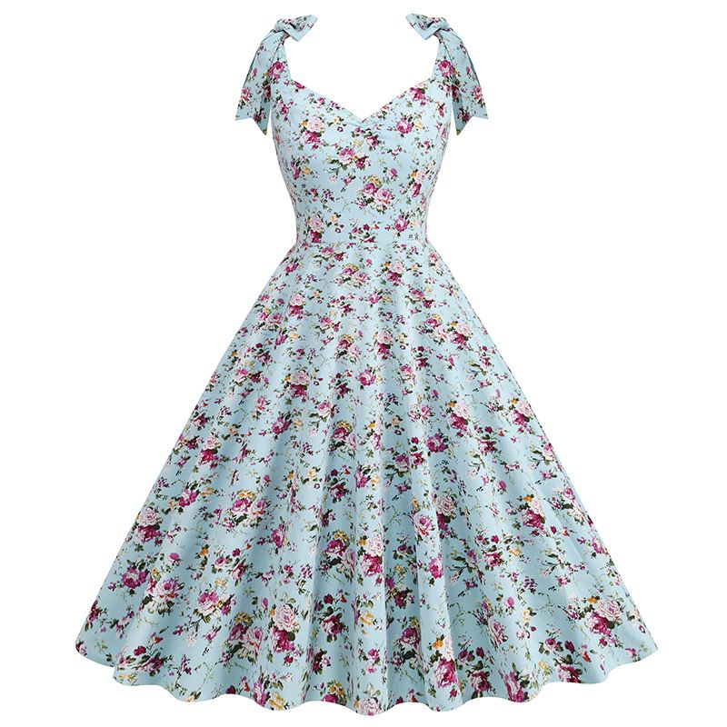 50s Girls Flower Girl Dress Shoulder Tie Sleeveless Floral Dress Blue