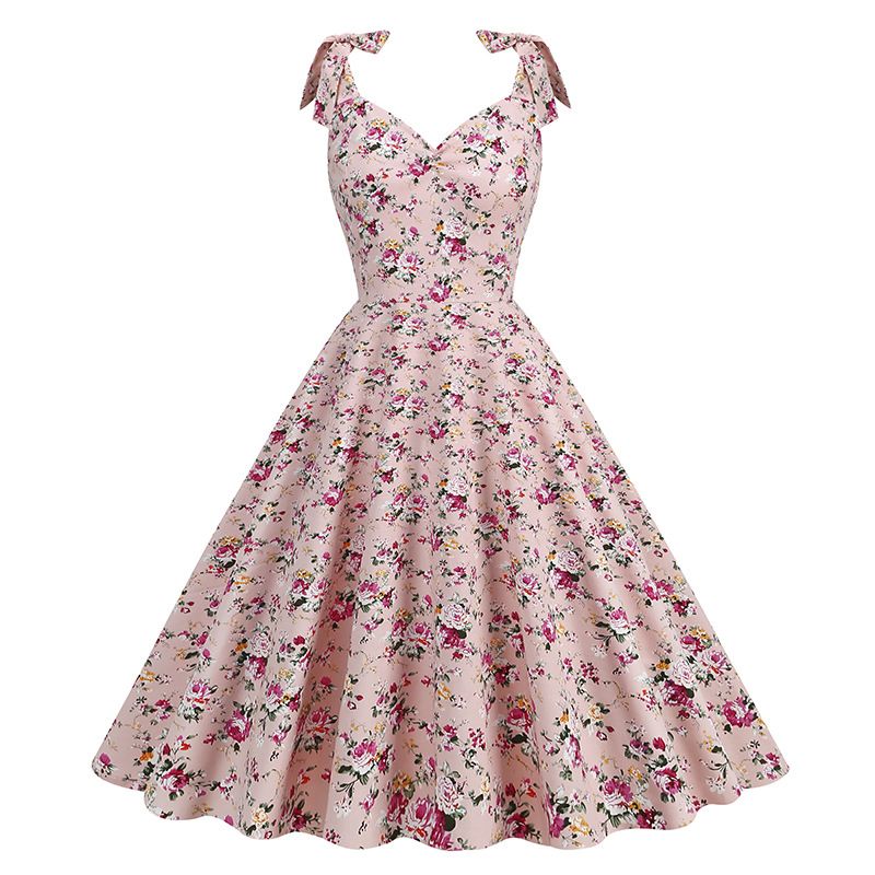 50s Girls Flower Girl Dress Shoulder Tie Sleeveless Floral Dress Pink