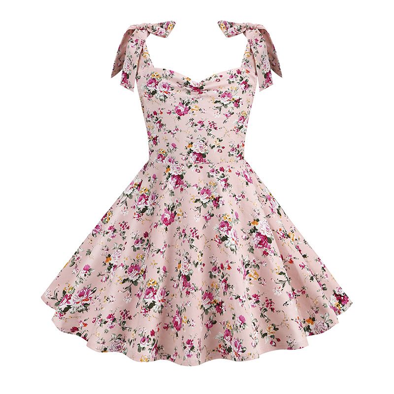 50s Girls Flower Girl Dress Shoulder Tie Sleeveless Floral Dress Pink