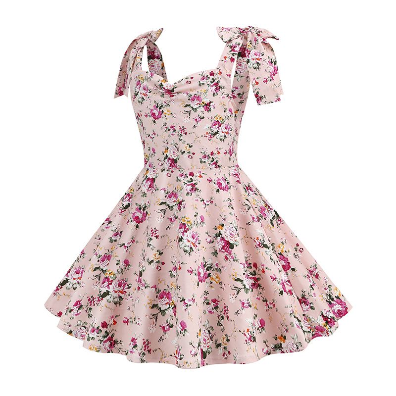 50s Girls Flower Girl Dress Shoulder Tie Sleeveless Floral Dress Pink