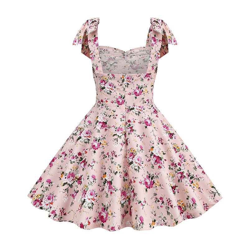 50s Girls Flower Girl Dress Shoulder Tie Sleeveless Floral Dress Pink