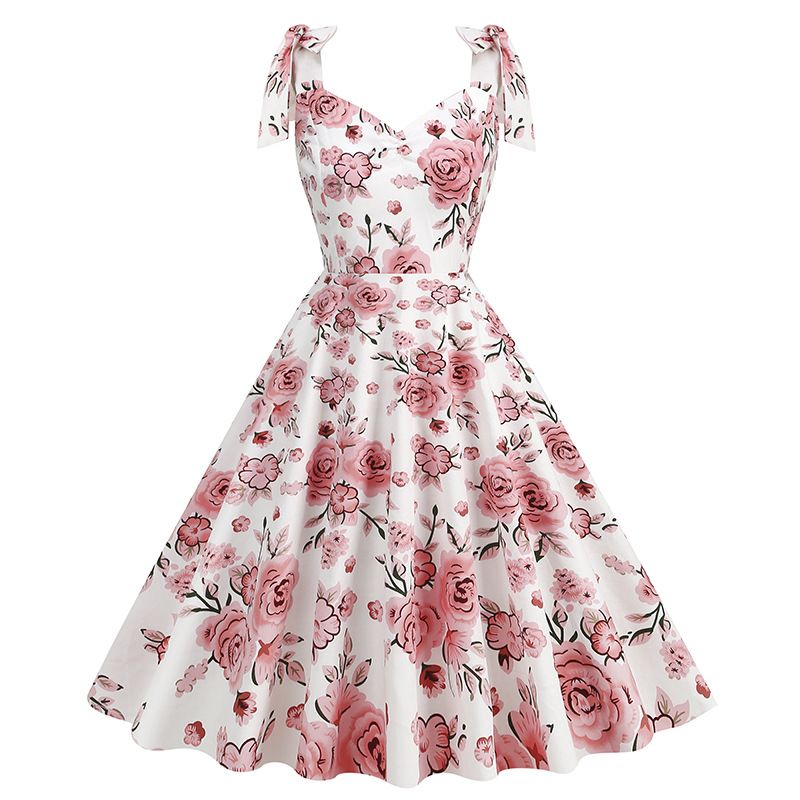 50s Girls Flower Girl Dress Shoulder Tie Sleeveless Floral Dress Rose