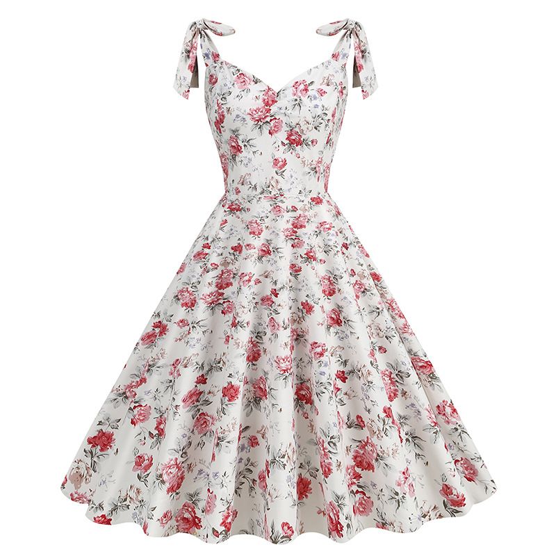 50s Girls Flower Girl Dress Shoulder Tie Sleeveless Floral Dress White