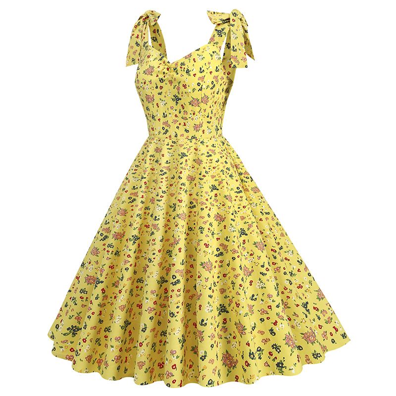 50s Girls Flower Girl Dress Shoulder Tie Sleeveless Floral Dress Yellow