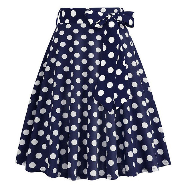 50s Skirts Navy Polka Dot Swing Skirt Stretch Waist Skirts Vintage A-line Flare Skirts