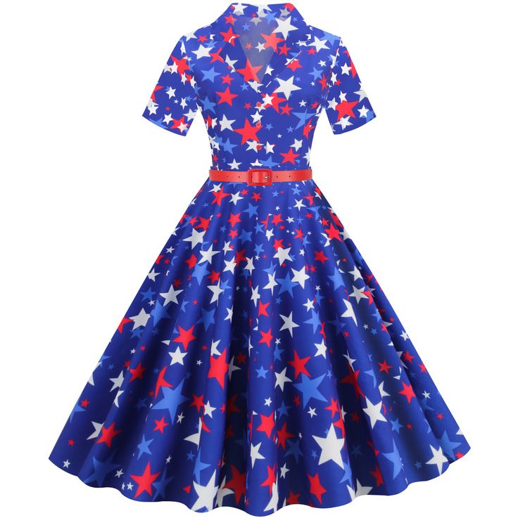 American Flag Dress Women 4th of July Patriotic USA Stars Stripes Dresses Blue