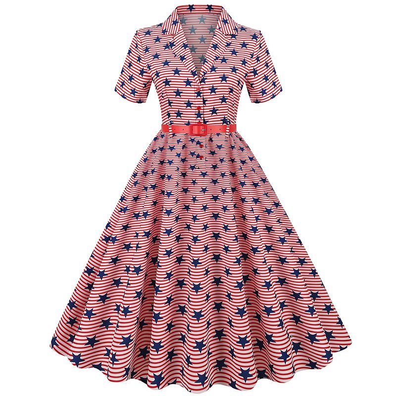 American Flag Dress Women 4th of July Patriotic USA Stars Stripes Dresses Blue Navy Pink
