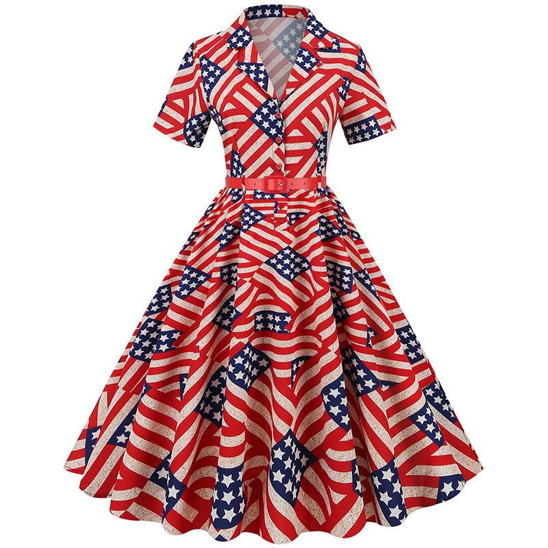 American Flag Dress Women 4th of July Patriotic USA Stars Stripes Dresses Blue Navy Red