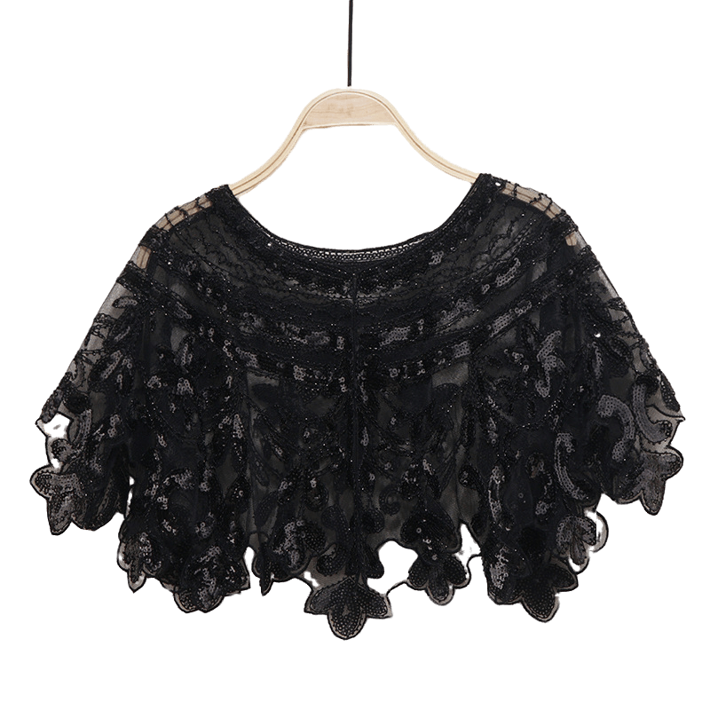 Bling 1920s Style Mesh Sequin Bead Deco Flapper Capelet Shawls Wraps Black
