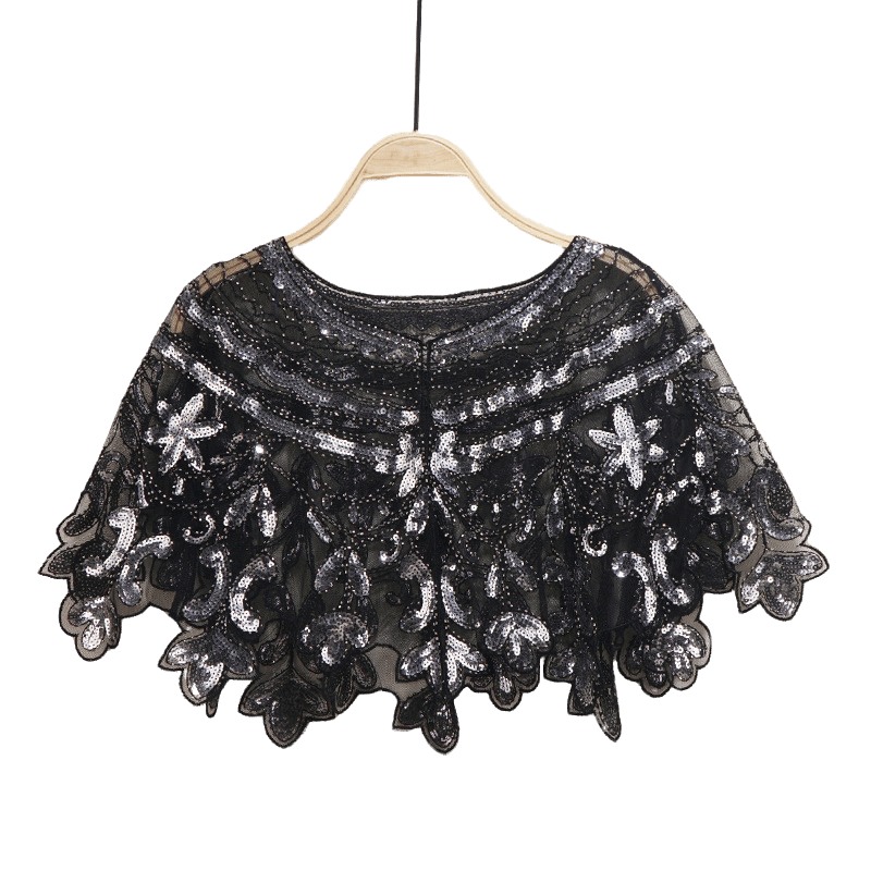 Bling 1920s Style Mesh Sequin Bead Deco Flapper Capelet Shawls Wraps Black Silver