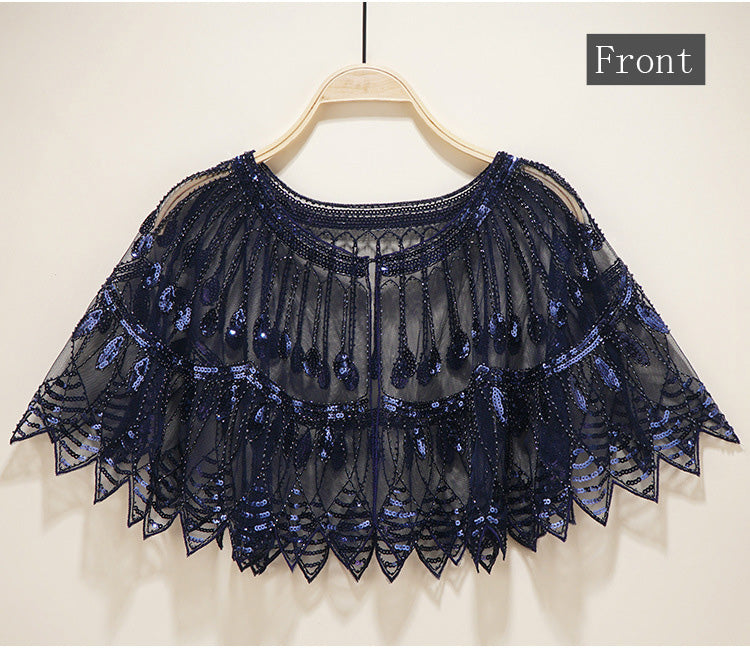 Bling 1920s Style Mesh Sequin Bead Deco Flapper Capelet Shawls Wraps Blue