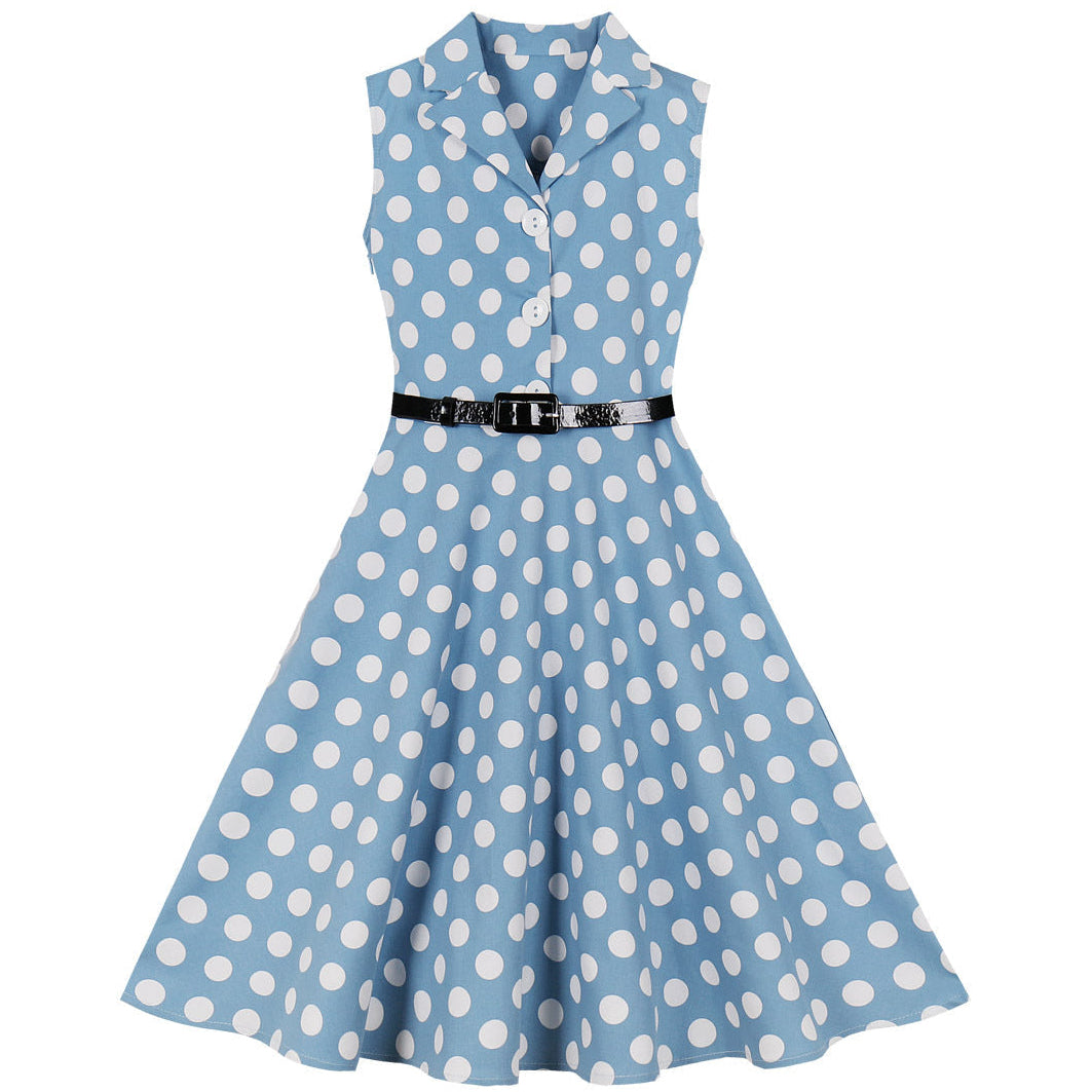 Girls 1950s Retro Rockabilly Vintage Swing Dress with Belt Blue