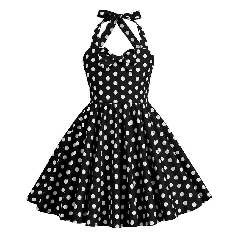 Girls 50s Sweetheart Vintage Flower Swing Straps Prom Dress Black Polka Dots