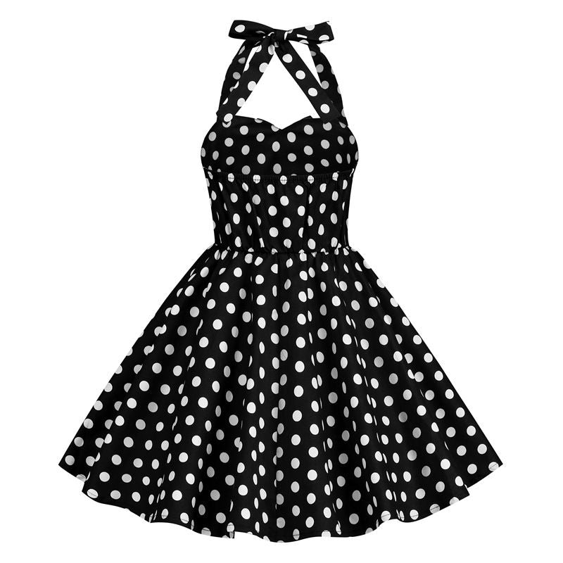 Girls 50s Sweetheart Vintage Flower Swing Straps Prom Dress Black Polka Dots