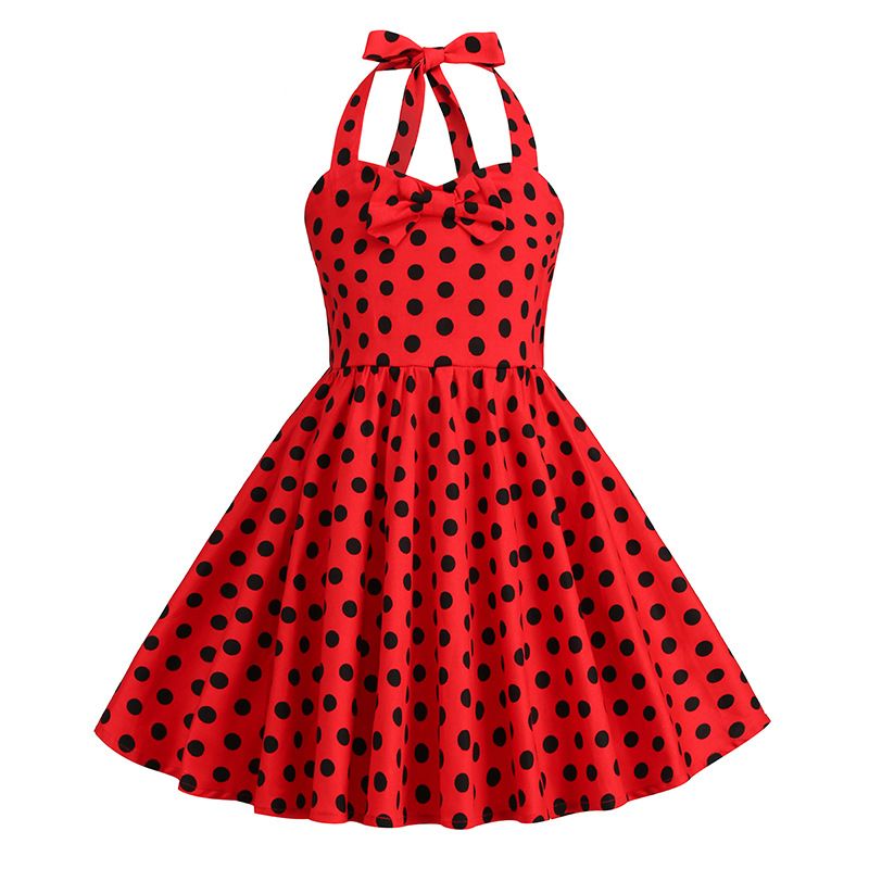 Girls 50s Sweetheart Vintage Flower Swing Straps Prom Dress Black Red Polka Dots 
