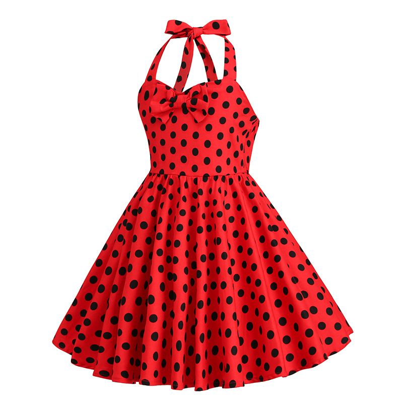 Girls 50s Sweetheart Vintage Flower Swing Straps Prom Dress Black Red Polka Dots 