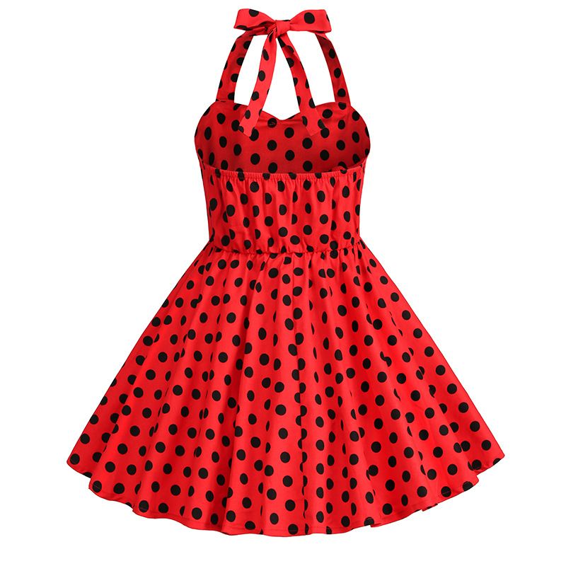 Girls 50s Sweetheart Vintage Flower Swing Straps Prom Dress Black Red Polka Dots 
