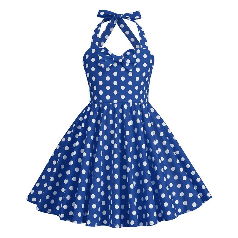 Girls 50s Sweetheart Vintage Flower Swing Straps Prom Dress Blue Polka Dots