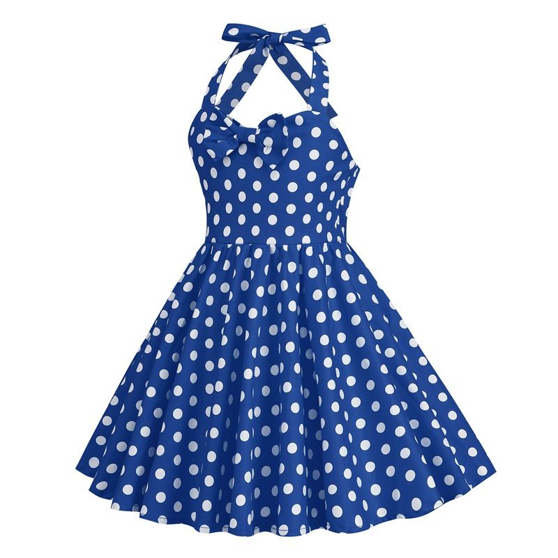 Girls 50s Sweetheart Vintage Flower Swing Straps Prom Dress Blue Polka Dots