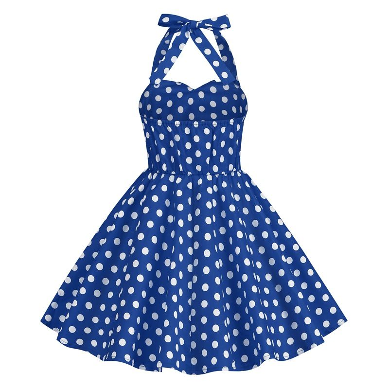 Girls 50s Sweetheart Vintage Flower Swing Straps Prom Dress Blue Polka Dots