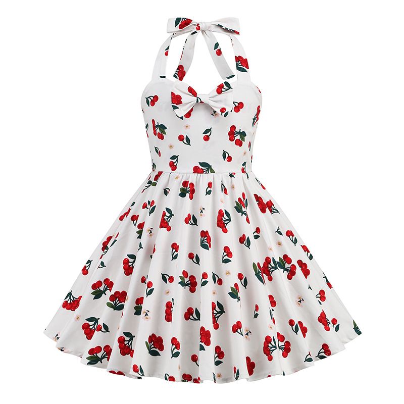 Girls 50s Sweetheart Vintage Flower Swing Straps Prom Dress Cherry