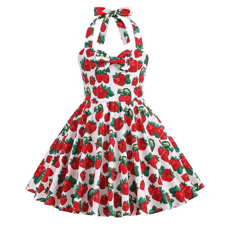 Girls 50s Sweetheart Vintage Flower Swing Straps Prom Dress Polka Dots Strawberry