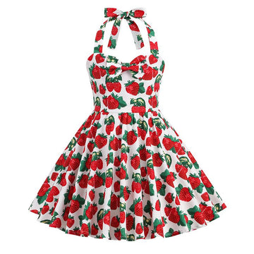 Girls 50s Sweetheart Vintage Flower Swing Straps Prom Dress Polka Dots Strawberry