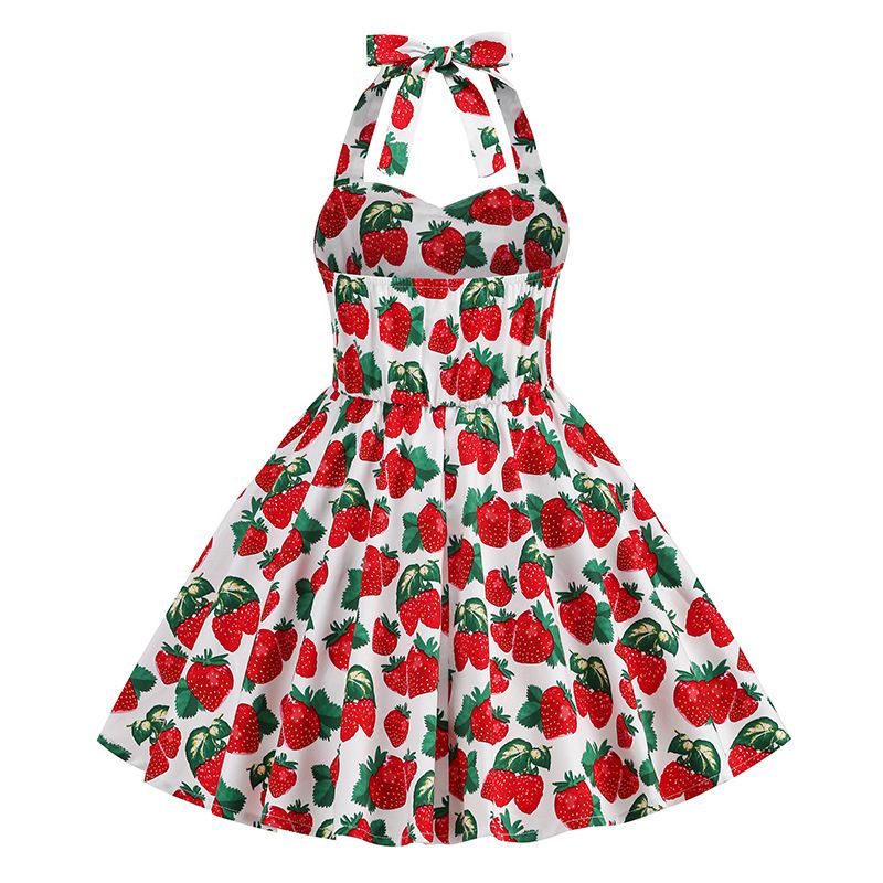 Girls 50s Sweetheart Vintage Flower Swing Straps Prom Dress Polka Dots Strawberry