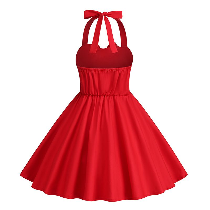 Girls 50s Sweetheart Vintage Flower Swing Straps Prom Dress Red