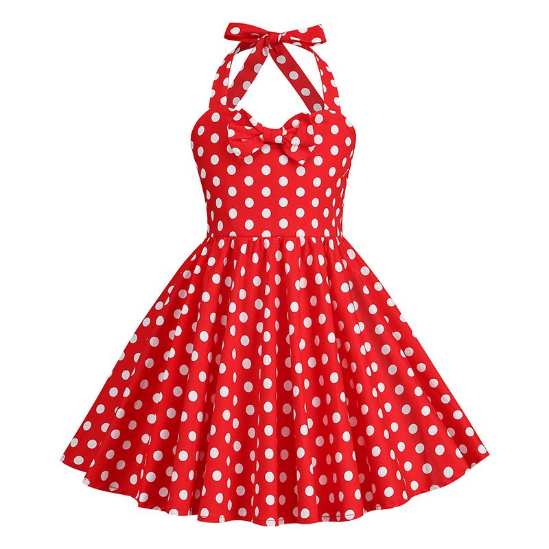 Girls 50s Sweetheart Vintage Flower Swing Straps Prom Dress White Polka Dots