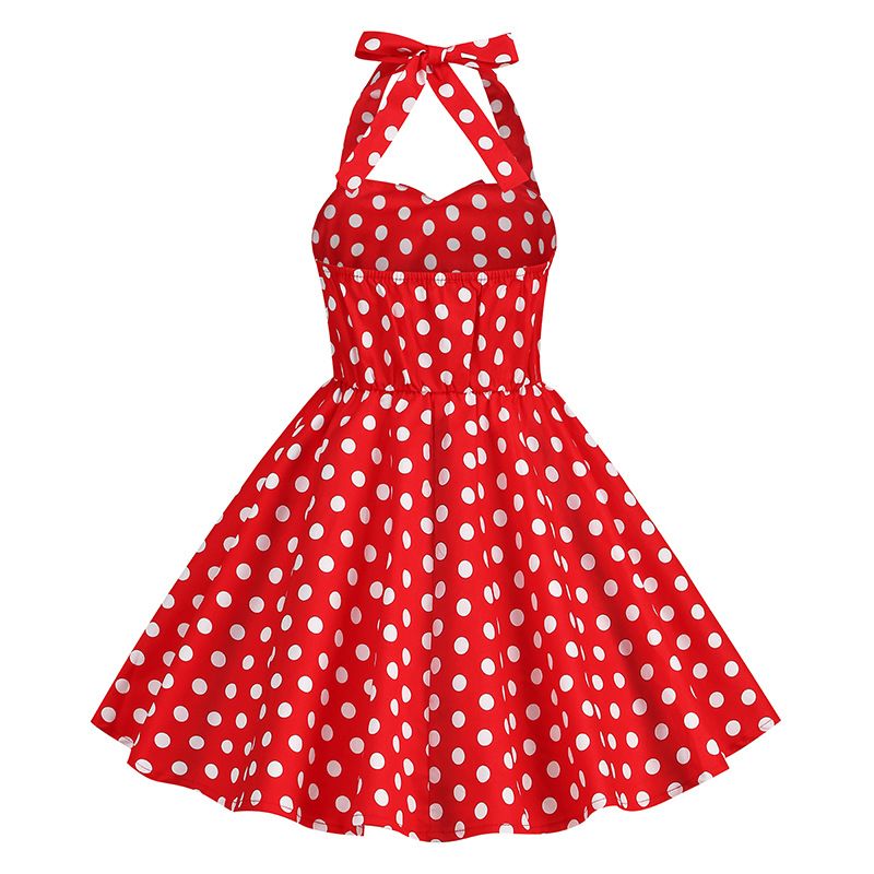 Girls 50s Sweetheart Vintage Flower Swing Straps Prom Dress White Polka Dots