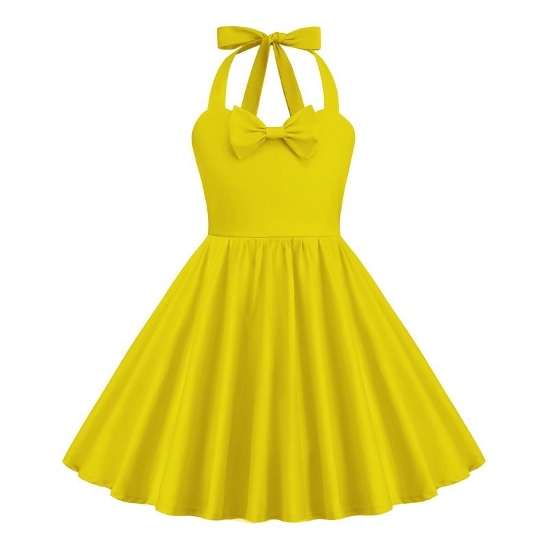 Girls 50s Sweetheart Vintage Flower Swing Straps Prom Dress Yellow